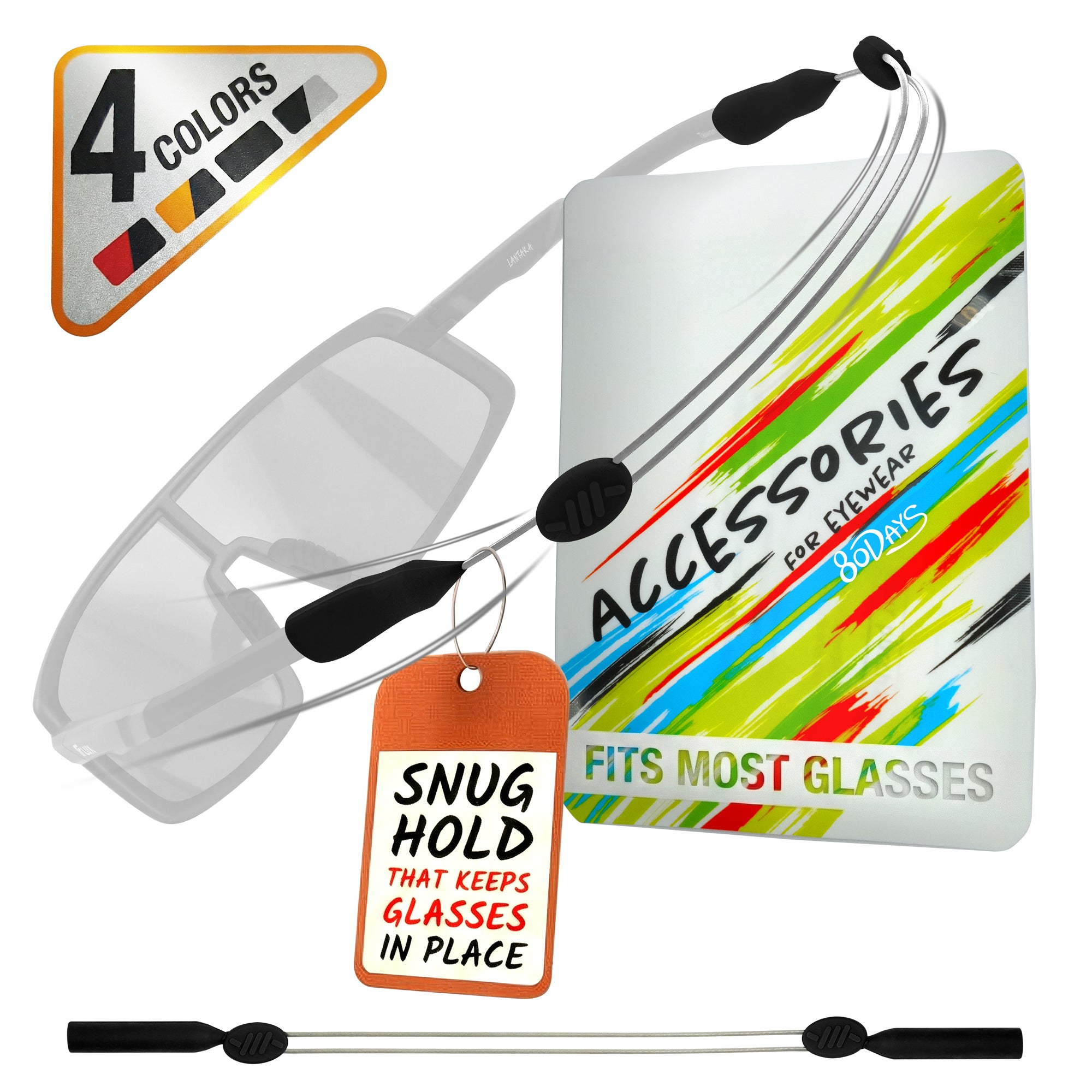 80Days Adjustable Eyeglass Strap: Wire Cable Retainer for Glasses and Sunglasses with Silicone Grips, Secure Fit