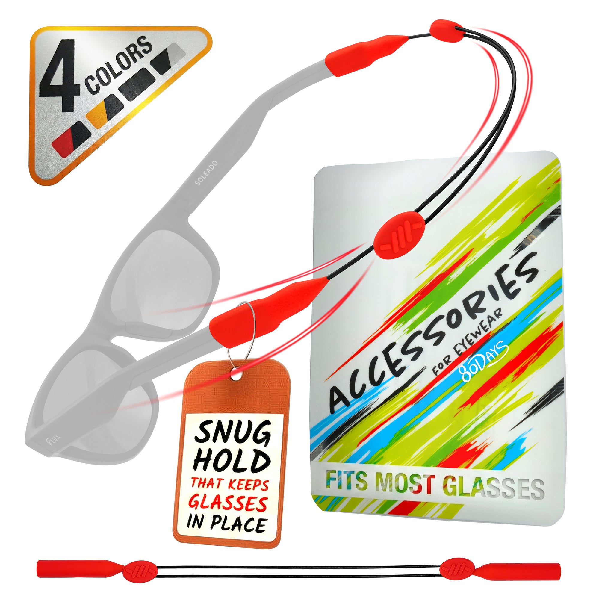 80Days Adjustable Eyeglass Strap: Wire Cable Retainer for Glasses and Sunglasses with Silicone Grips, Secure Fit