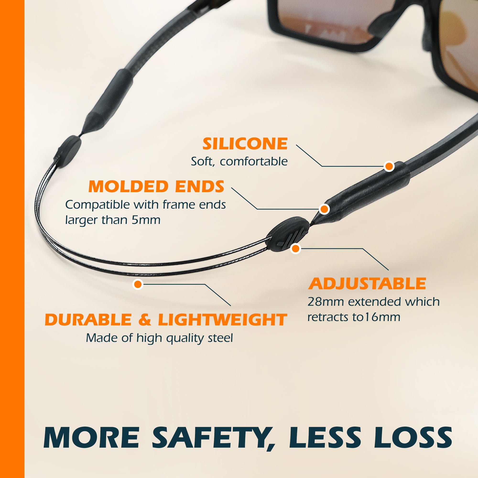 80Days Adjustable Eyeglass Strap: Wire Cable Retainer for Glasses and Sunglasses with Silicone Grips, Secure Fit