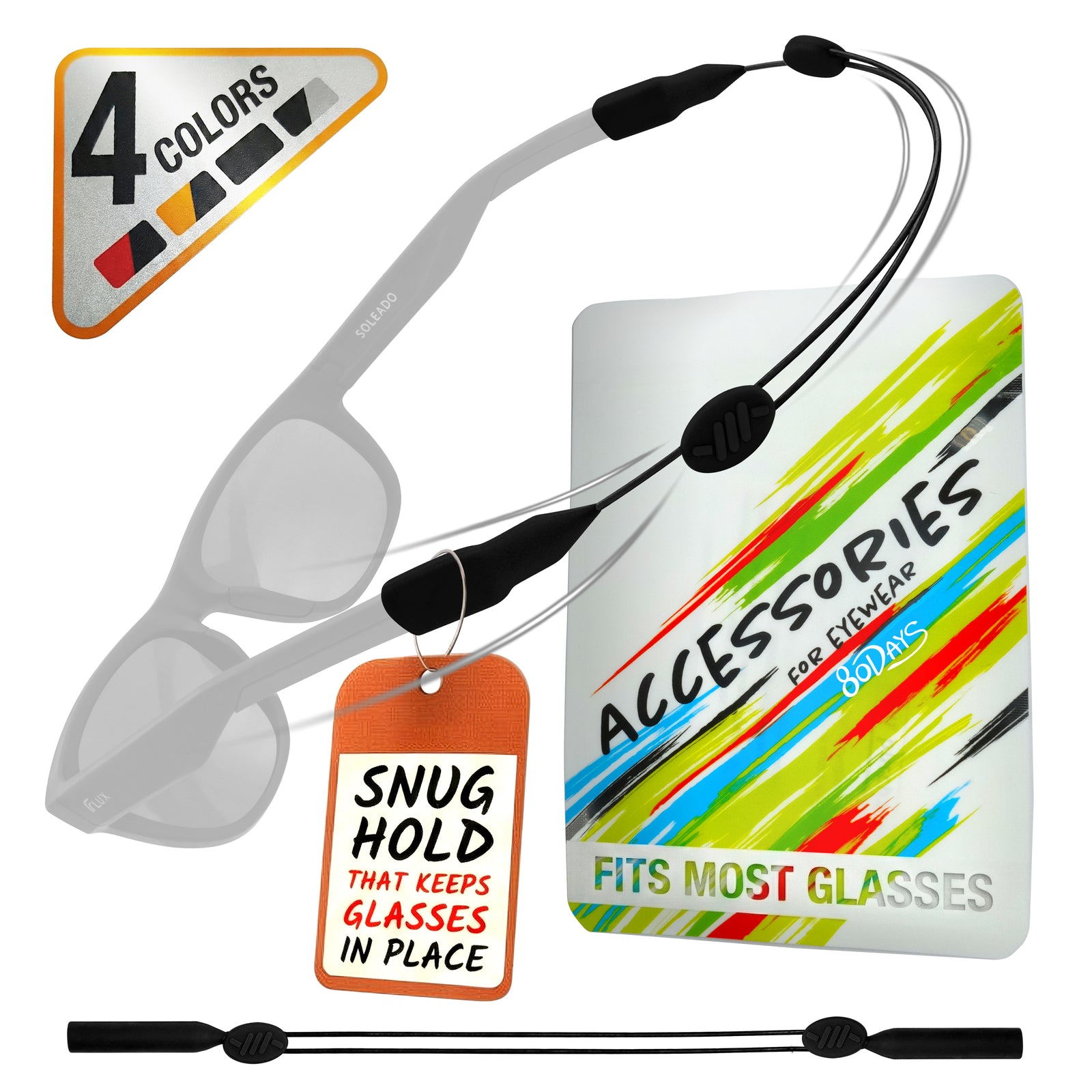 80Days Adjustable Eyeglass Strap: Wire Cable Retainer for Glasses and Sunglasses with Silicone Grips, Secure Fit